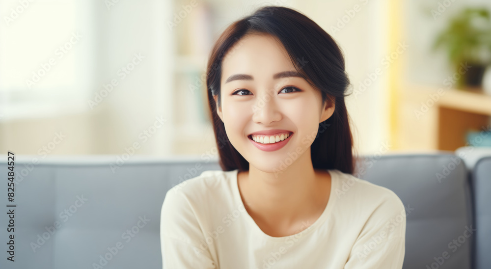 Portrait beautiful happy smiling young asian woman looking at camera at home Portrait beautiful happy smiling young asian woman looking at camera at home