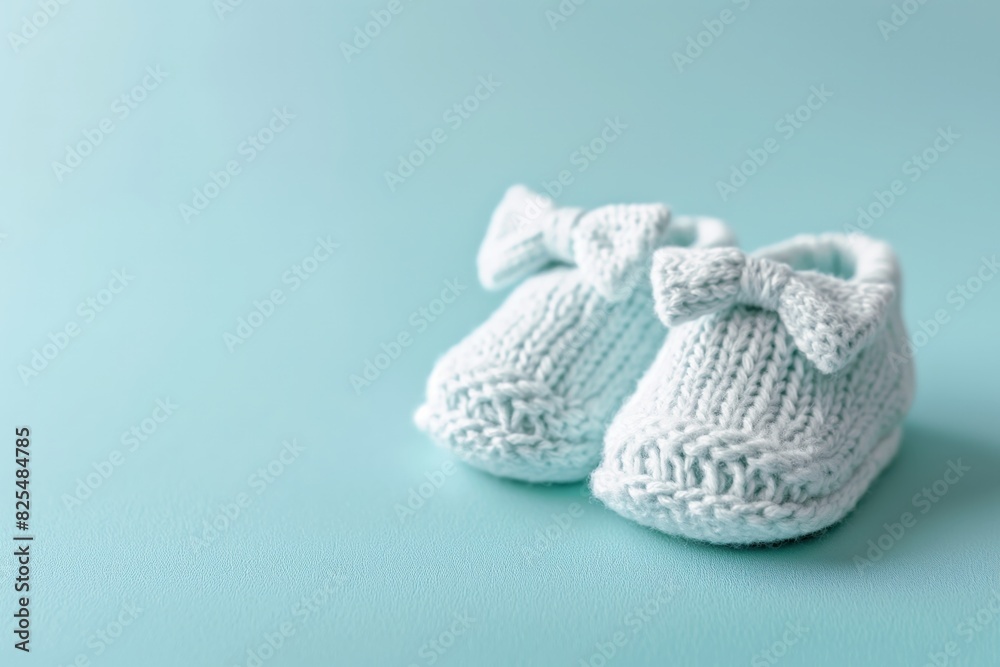 Soft, hand-knitted baby booties with delicate bows on a serene aqua background embody the joyful anticipation of a new arrival, ideal for baby shower themes and maternity concepts