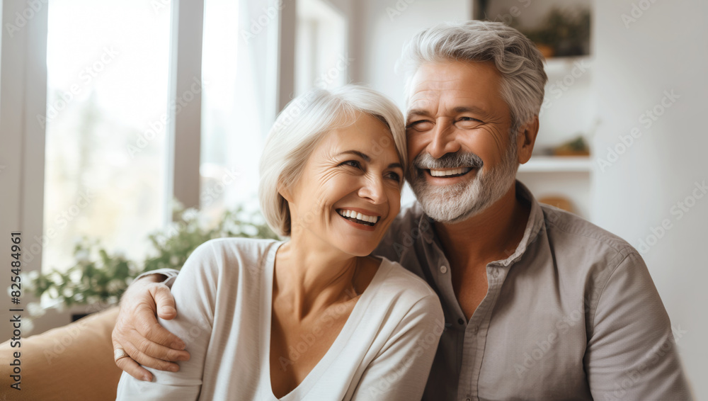 Happy smiling mature couple hugging, elderly woman and man sitting on sofa at home together