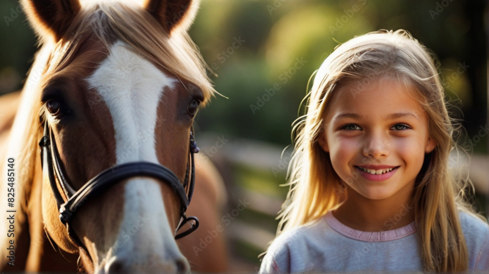 Fototapeta premium Portrait of cute happy smiling little girl with horse on a beautiful summer day. Interacting with horses encourages emotional bonding and can help children develop trust, empathy, confidence and helps