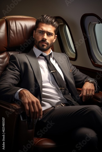 Arab businessman in a private jet Generative AI © Valentine