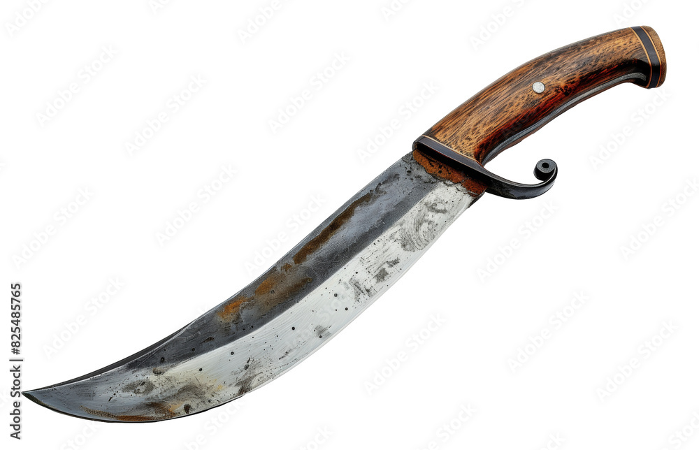 Antique curved knife with wooden handle, cut out - stock png. Antique curved knife with wooden handle, cut out - stock png.