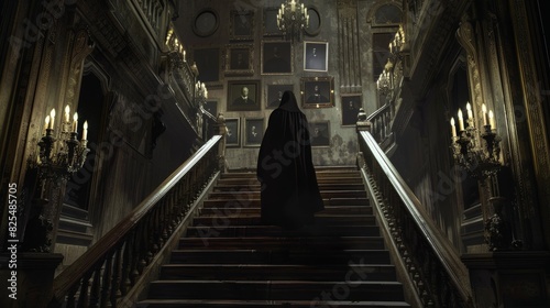 Hooded Figure on Grand Haunted Staircase 