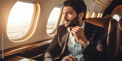 Arab businessman in a private jet Generative AI photo
