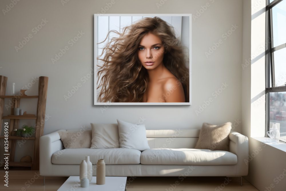 interior of a living room with furniture and a poster on the wall of a portrait of a beautiful girl with a stylish hairstyle interior of a living room with furniture and a poster on the wall of a portrait of a beautiful girl with a stylish hairstyle