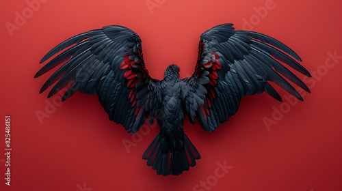 The image shows a black raven with red background, its wings spread wide.