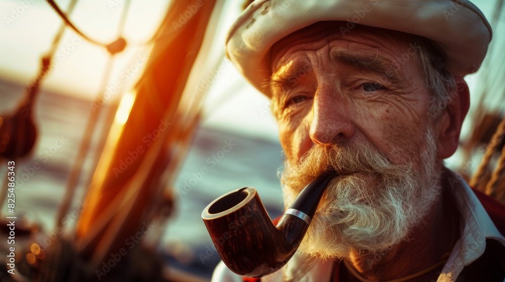 Portrait of a ship captain on boat in sea. Portrait of a ship captain on boat in sea.