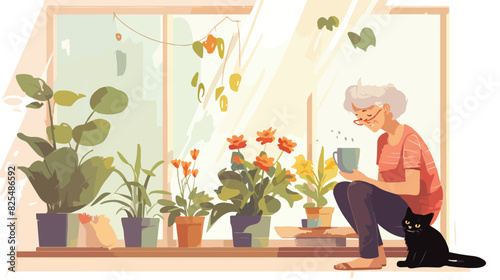 An elderly woman watering indoor flowers with her c