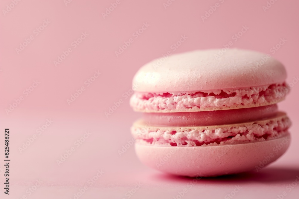 Single, delicate pink macaron with a creamy filling, beautifully set against a soft pastel pink background, perfect for conveying sweet indulgence or elegance in dessert presentations Single, delicate pink macaron with a creamy filling, beautifully set against a soft pastel pink background, perfect for conveying sweet indulgence or elegance in dessert presentations