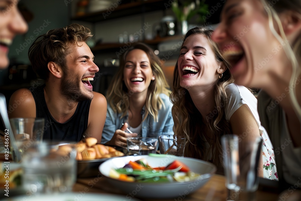 Joyful Gathering of Friends Savoring Casual Meal Filled with Laughter and Shared Moments