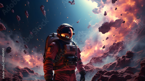Illustration of man in space suit inside softly glowing pink and blue galactic cloud
