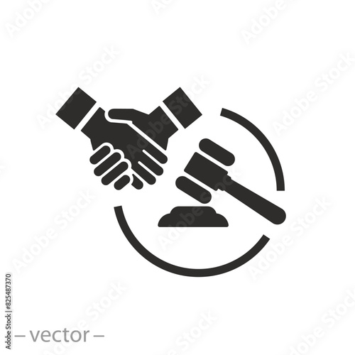law agreement icon, legal settlement, litigation judgment concept, handshake with judge hammer, flat symbol on white background - editable stroke vector illustration