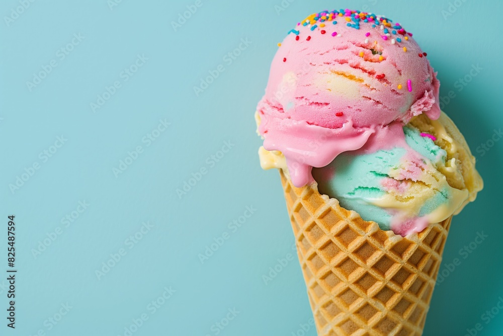 Vibrant scoop of multi-colored ice cream with sprinkles dripping over a crunchy waffle cone, set against a pastel blue backdrop, evokes feelings of summer and sweet indulgence Vibrant scoop of multi-colored ice cream with sprinkles dripping over a crunchy waffle cone, set against a pastel blue backdrop, evokes feelings of summer and sweet indulgence