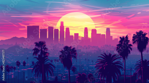 Palm Trees Silhouetted Against Los Angeles Downtown Skyline at Sunset