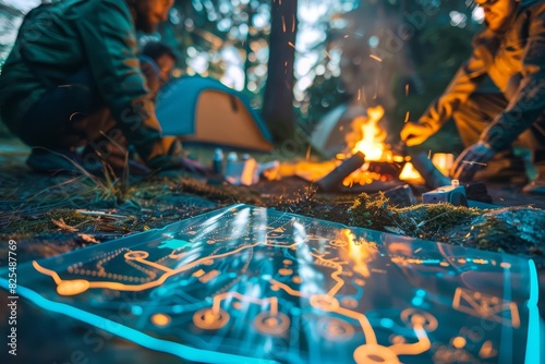 A closeup of friends setting up a campsite during an extended weekend getaway photo
