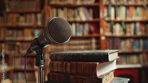 Vintage microphone in a library for audio and education themed designs