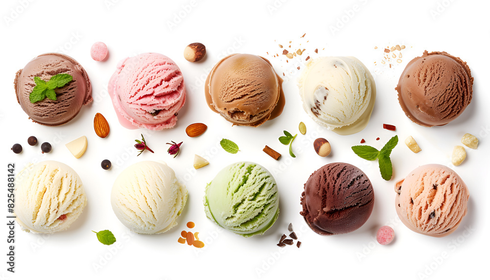 Scoops of different ice creams and ingredients on white background Scoops of different ice creams and ingredients on white background