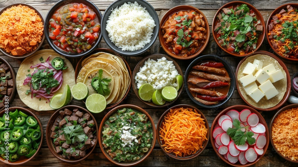 The top view of a table with Mexican tacos and lots of side dishes