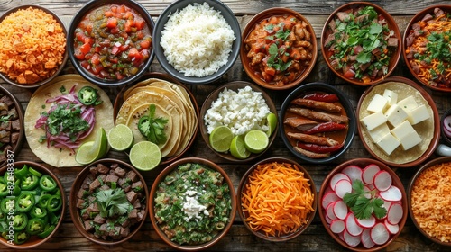 The top view of a table with Mexican tacos and lots of side dishes photo