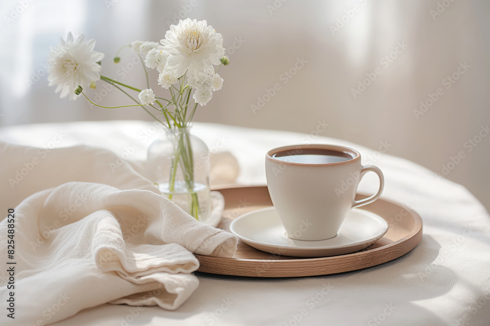 Comforting scene of a white cup of hot coffee on a wooden serving tray, accented by fresh white flowers in a glass vase, basking in soft, natural light Comforting scene of a white cup of hot coffee on a wooden serving tray, accented by fresh white flowers in a glass vase, basking in soft, natural light