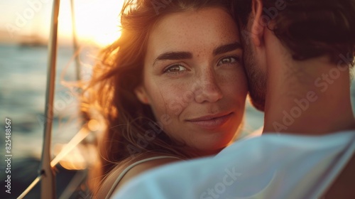 A lovely couple on deck of yacht enjoy sunset in sea. © rabbit75_fot