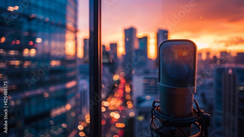 Vintage microphone with gold grid on a black stand, perfect for music and podcast related designs