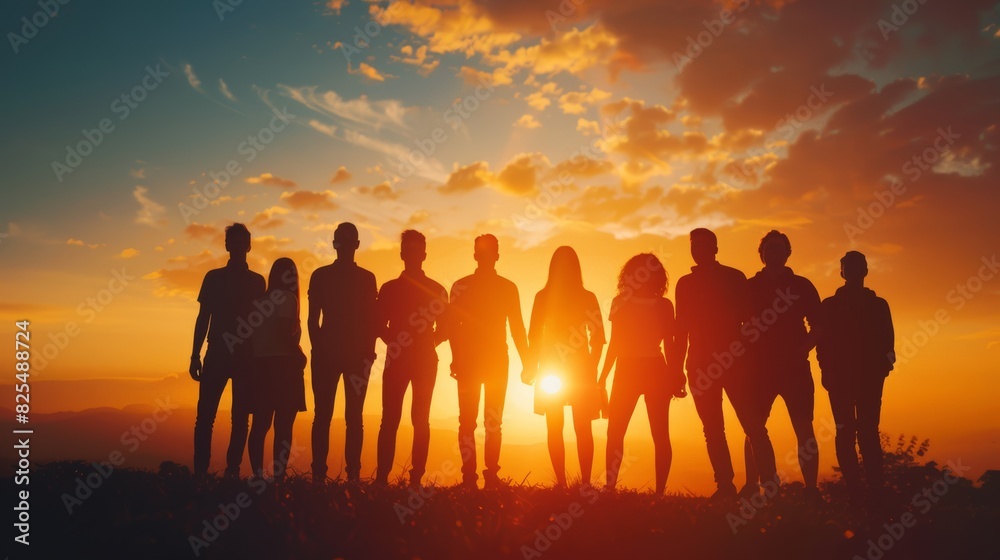 A group of people are standing on a hillside, looking out at the sunset A group of people are standing on a hillside, looking out at the sunset