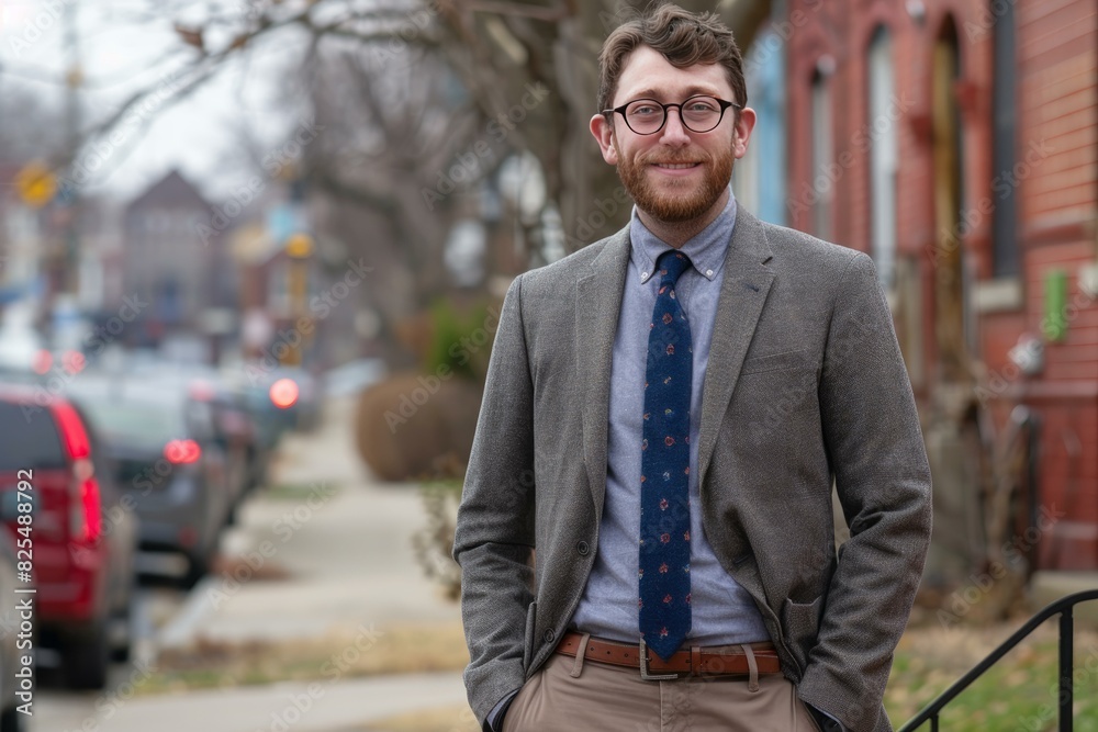 Portrait of a smiling young man in smart casual wear, standing on a city street Portrait of a smiling young man in smart casual wear, standing on a city street