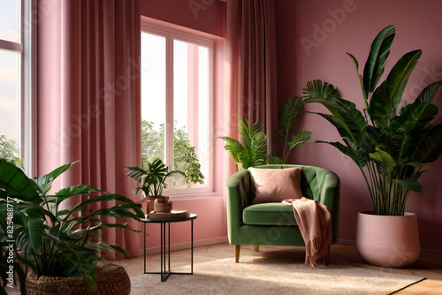 Colour image stylish armchair and green house plant in interior domestic room with sunlight from window. Home composition of cozy living room with chair at pink background. Copy text space