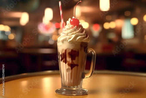 Decadent chocolate milkshake with whipped cream and cherries in a glass mug.