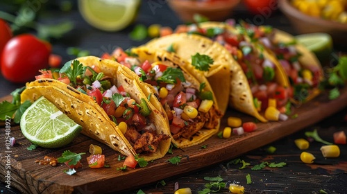 Tacos with lime slices, corn, and chicken on a wooden board