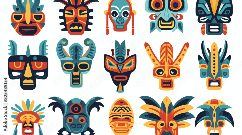 Aztec or mayan masks and totem symbols set of carto