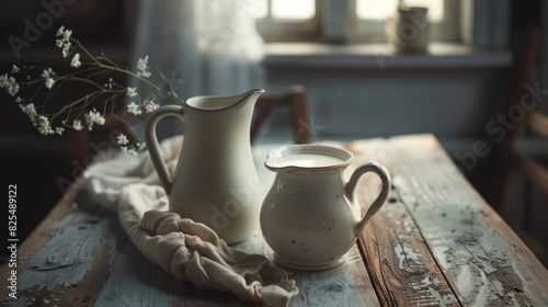 Vintage milk jug on a rustic wooden table for farmhouse style designs