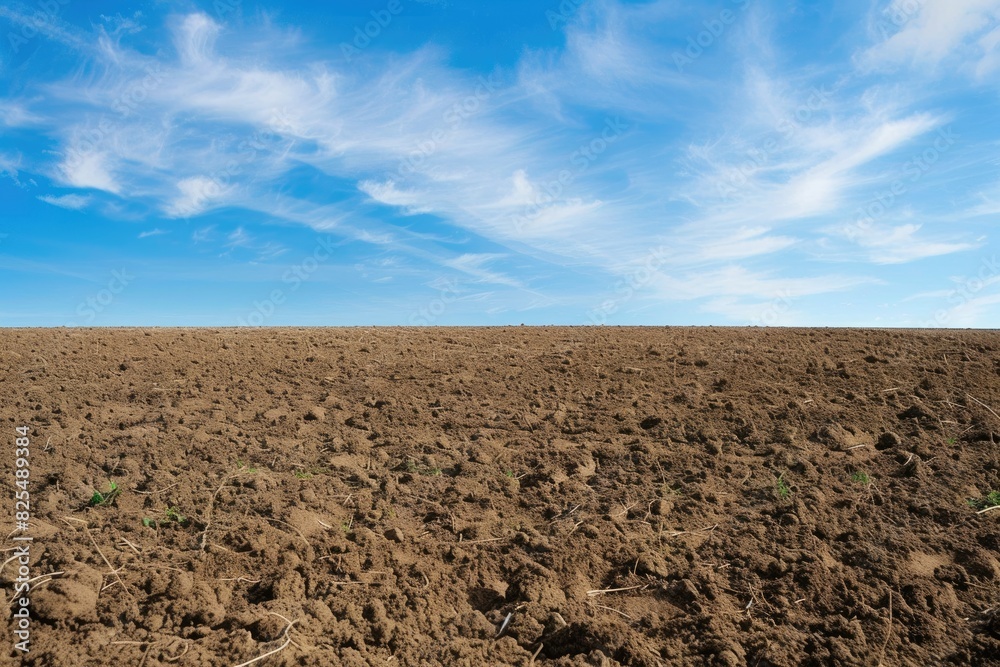 Field Dirt. Empty Brown Soil Horizon with Clear Blue Sky Environment Field Dirt. Empty Brown Soil Horizon with Clear Blue Sky Environment