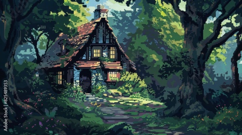 Vintage pixel art cottage in a forest for nature themed designs © Vilayat