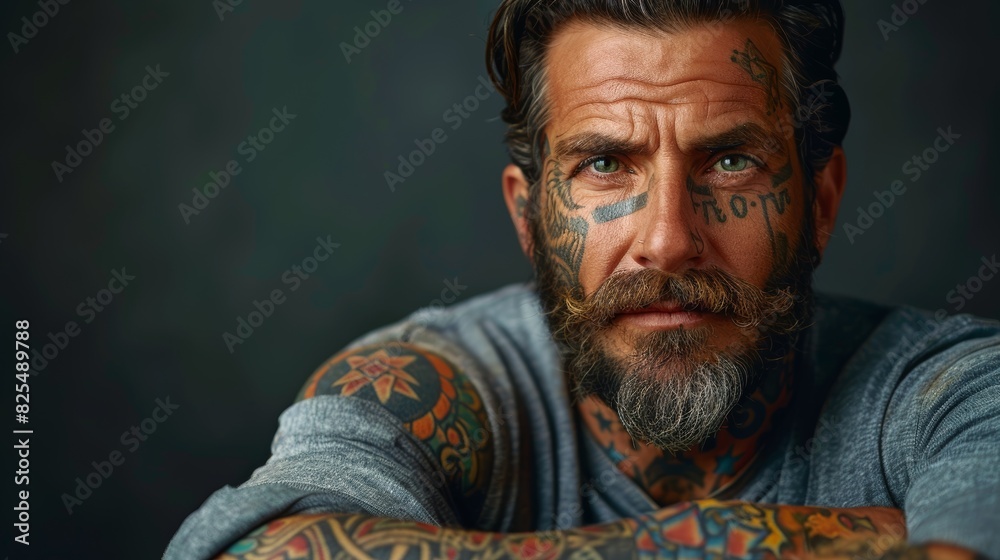 A man with a beard and tattoos on his arms, AI A man with a beard and tattoos on his arms, AI