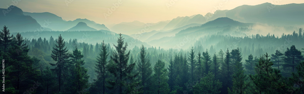 panorama landscape of forest in the mountains with fog