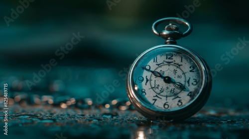 Vintage silver pocket watch with reflection on a wooden table