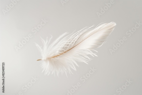Solitary white feather drifts gracefully in mid-air against a clean, soft grey backdrop, embodying lightness, purity, and a tranquil simplicity in this ethereal minimalist composition