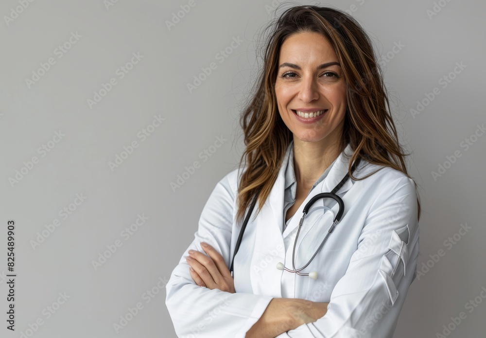 Portrait of beautiful smiling female doctor standing with arms crossed Portrait of beautiful smiling female doctor standing with arms crossed
