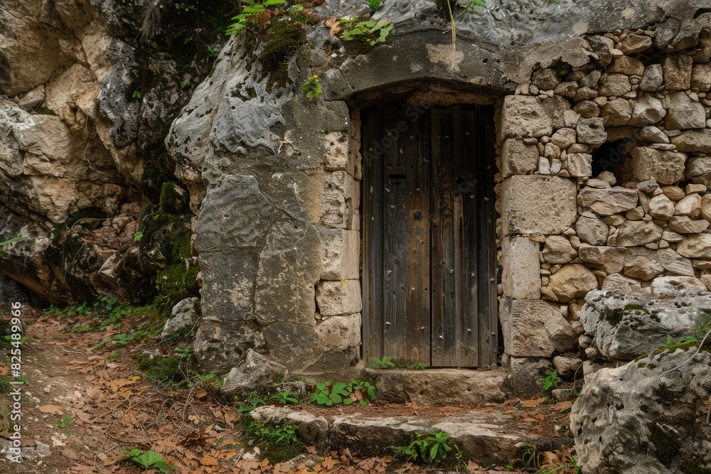 Cave Door. Ancient Stone Architecture of Old Castle Doorway in Mountain Cave