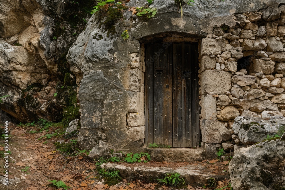 Cave Door. Ancient Stone Architecture of Old Castle Doorway in Mountain Cave Cave Door. Ancient Stone Architecture of Old Castle Doorway in Mountain Cave