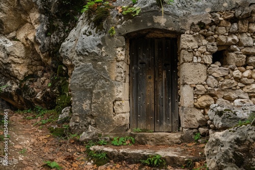 Cave Door. Ancient Stone Architecture of Old Castle Doorway in Mountain Cave