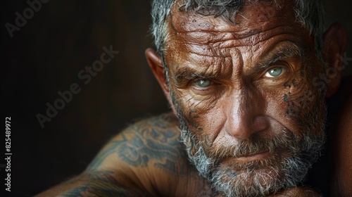 A man with a tattooed face and beard looking at the camera, AI