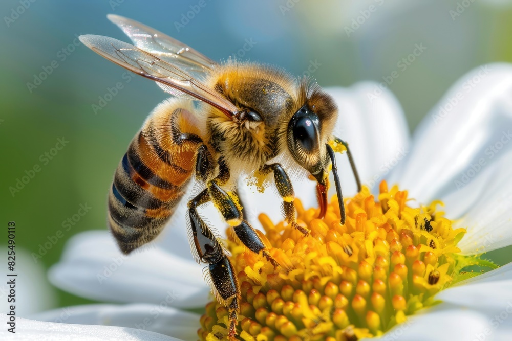 Bee In Flower. Close-up of Bee Collecting Pollen on White Flower in Sunny Meadow Bee In Flower. Close-up of Bee Collecting Pollen on White Flower in Sunny Meadow