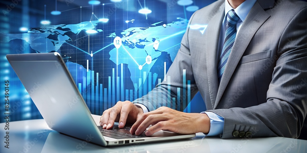 Businessman working at a laptop. Business strategy as concept Businessman working at a laptop. Business strategy as concept