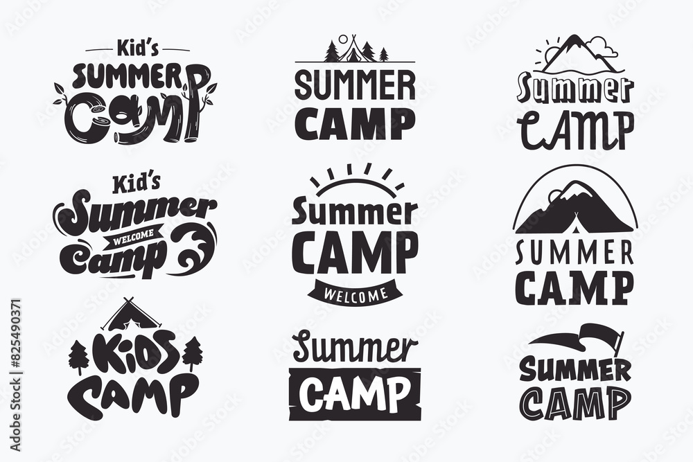 Kids Summer Camp emblem collection. Outdoor adventure and camping text badges set. Stylized typography and silhouettes of mountain, forest, etc. Isolated on white. Ideal for poster, invitation, ad.