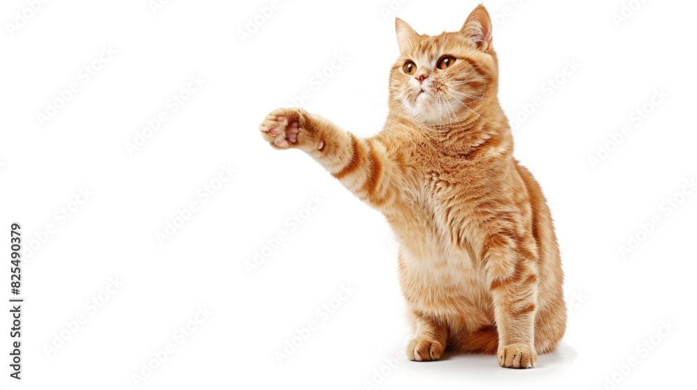 Obraz premium Cute Isolated Cat. Beautiful Brown Scottish Straight Cat Catching with Raised Paw on White Background