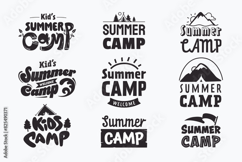 Kids Summer Camp emblem collection. Outdoor adventure and camping text badges set. Stylized typography and silhouettes of mountain, forest, etc. Isolated on white. Ideal for poster, invitation, ad.