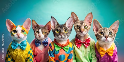 Group of cat in funny Wacky wild mismatched colourful outfits on bright background. Birthday party invite invitation banner.